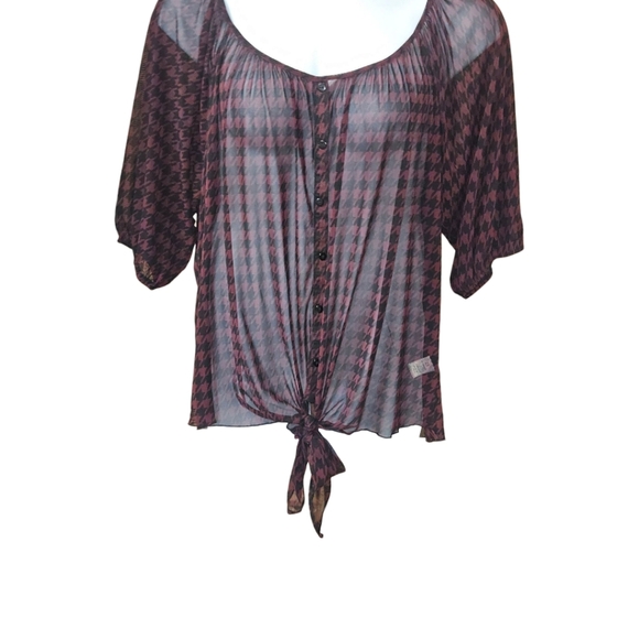 EMBER Plus Size Women's Burgundy Black Sheer Houndstooth Print Tie Front Blouse - Picture 2 of 13
